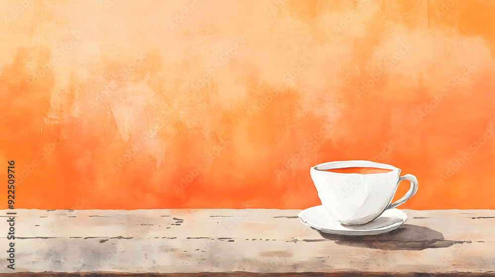 watercolor illustration of a teacup on a rustic wood table with an orange background watercolor illustration of a teacup on a rustic wood table with an orange background