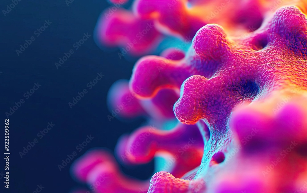 Close-up view of a colorful virus structure showcasing its intricate details and textures against a dark background. Close-up view of a colorful virus structure showcasing its intricate details and textures against a dark background.