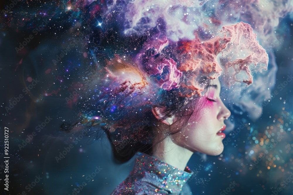 A young woman gazes thoughtfully to the side, with vibrant galaxies swirling around her hair, evoking a sense of wonder and imagination A young woman gazes thoughtfully to the side, with vibrant galaxies swirling around her hair, evoking a sense of wonder and imagination