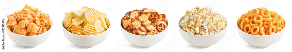 Set of various salty snacks in bowls on white background. Potato chips, popcorn, bacon chips, onion rings, creckers and pretzels Set of various salty snacks in bowls on white background. Potato chips, popcorn, bacon chips, onion rings, creckers and pretzels