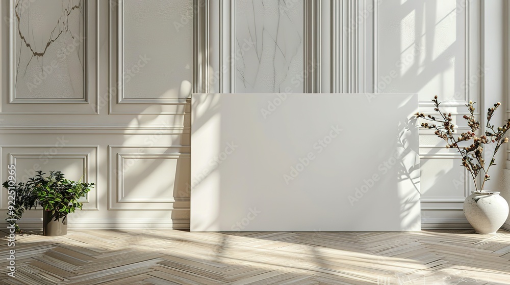 White Canvas Mockup in a Modern Room with Herringbone Flooring and Sunlight White Canvas Mockup in a Modern Room with Herringbone Flooring and Sunlight