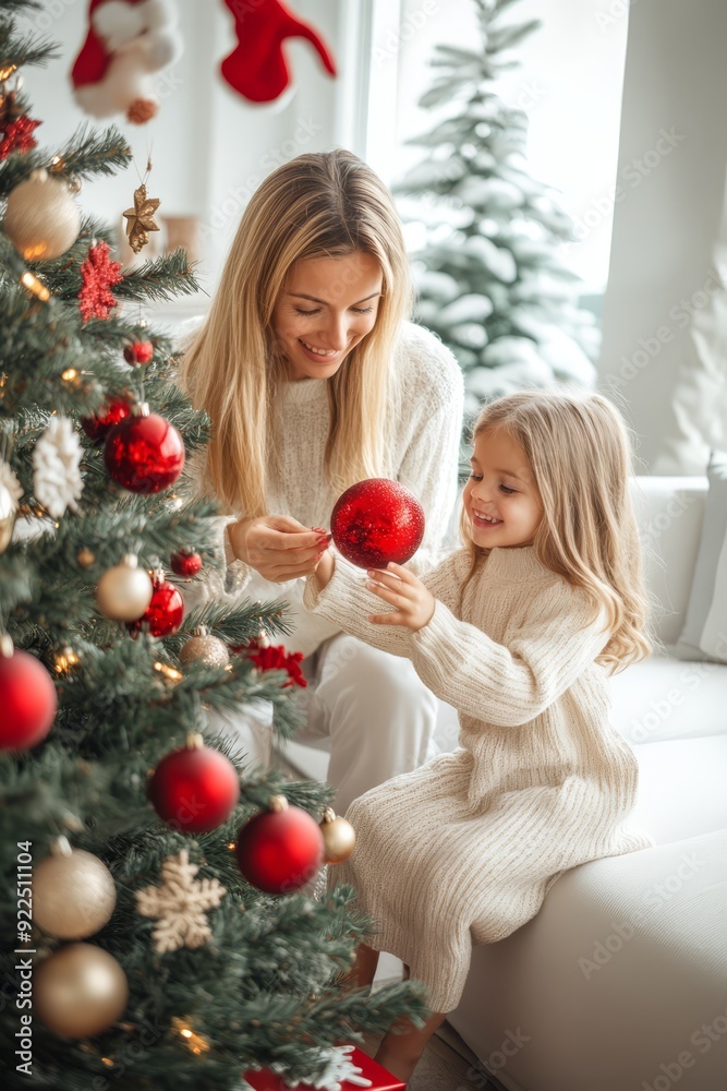 Mother and daughter decorate a Christmas tree with red ornaments in a cozy living room during the holiday season Mother and daughter decorate a Christmas tree with red ornaments in a cozy living room during the holiday season