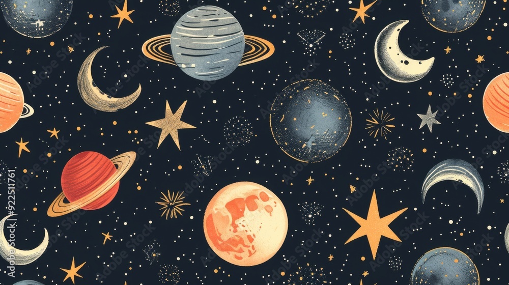 Naklejka premium Pattern featuring hand-drawn stars, moons