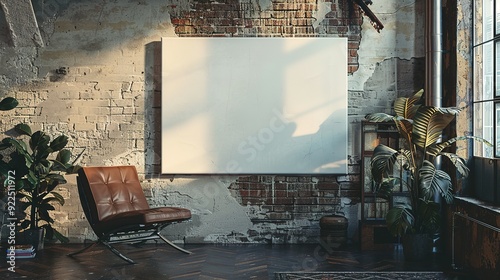 Empty Canvas on a Brick Wall in a Rustic Loft Room
