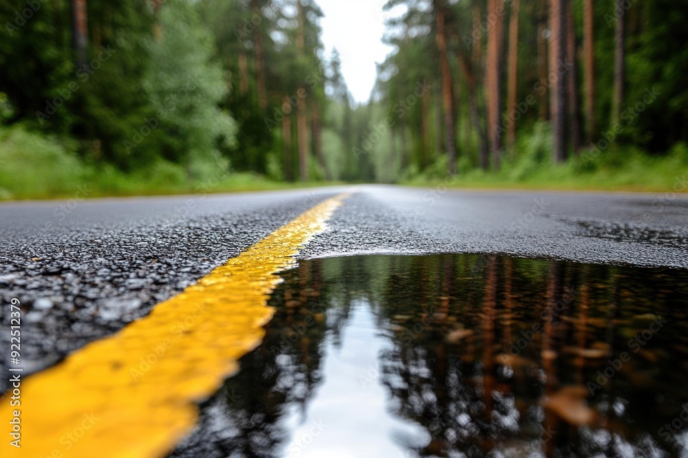 A tranquil road scene surrounded by lush trees, featuring rain puddles reflecting the vibrant yellow line. A tranquil road scene surrounded by lush trees, featuring rain puddles reflecting the vibrant yellow line.