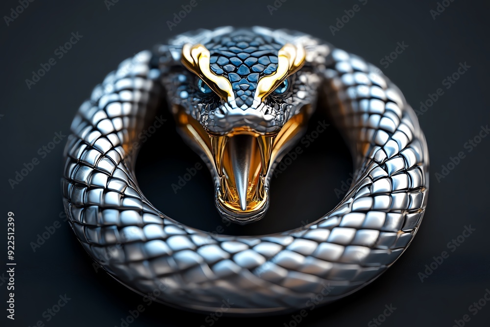 Fototapeta premium Close-up of a metallic snake sculpture with detailed scales and a fierce expression, coiled in a circle on a dark background.