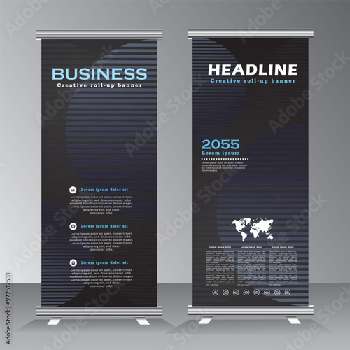 roll up banner template design, roll up banner design template with dark black and blue shadow, Vertical banner template, pull up, sandees, for event, project, exhibition, conferance, company,