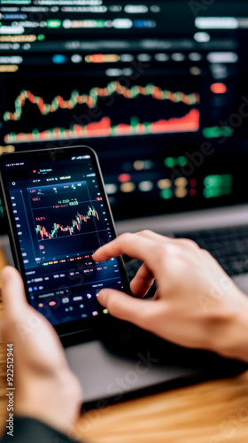 Hand using smartphone to analyze financial data while working on laptop with stock market charts in background.