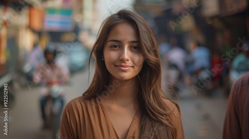 Wallpaper Mural Young woman wearing kurta standing on an Indian street with people and vehicles Torontodigital.ca