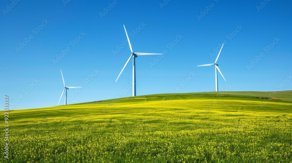 Wind turbines in a green field, clear blue sky, renewable energy Wind turbines in a green field, clear blue sky, renewable energy