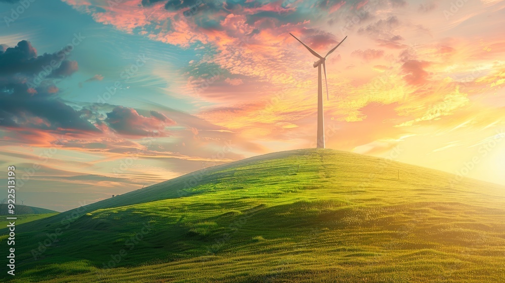 Obraz premium Wind turbine on a grassy hill under a vibrant sunrise