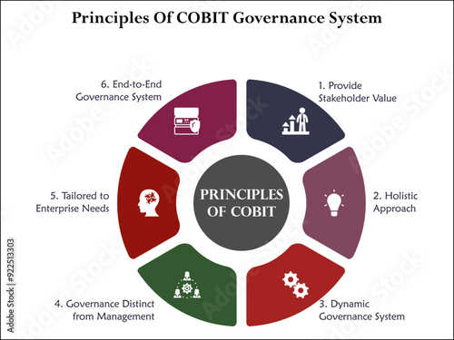 Six principles of COBIT governance system. Infographic template with icons and description placeholder