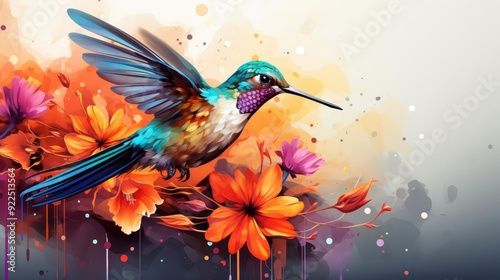 A hummingbird hovering delicately flat design top view flower garden cartoon drawing colored pastel