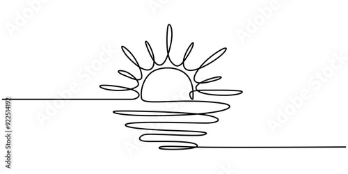 Sunset one line sketch. Continuous doodle art drawing, simple linear sunrise over sea illustration. Editable stroke, Red sunset and a ship panoramic view, One line sun sketch. Continuous doodle art