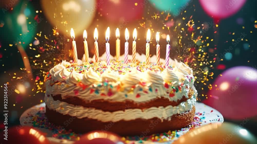 A beautifully decorated cake with lit candles sits among colorful balloons and confetti, capturing the joy of a birthday celebration. A beautifully decorated cake with lit candles sits among colorful balloons and confetti, capturing the joy of a birthday celebration.