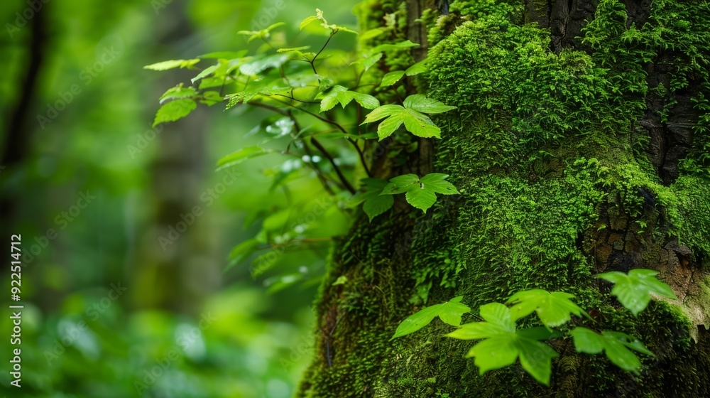 Fresh green leaves and moss-covered tree trunks showcasing carbon negative efforts Fresh green leaves and moss-covered tree trunks showcasing carbon negative efforts