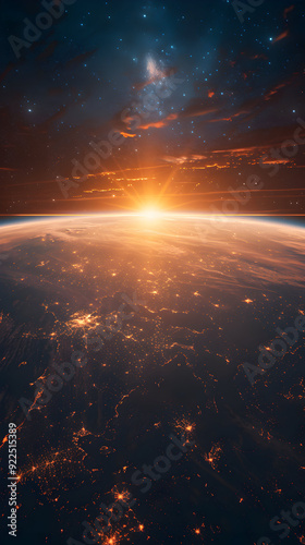 Photo Realistic Earth Twilight and Space Sunrise Concept: A Stunning Depiction of Earth at Twilight and Space at Sunrise Against a Dreamy Background Symbolizing the Beginning and E