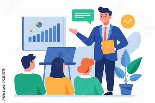 Coach speaking before audience. Mentor presenting charts and reports, Employees meeting at business training, seminar or conference. Vector illustration for presentation, lecture, education
