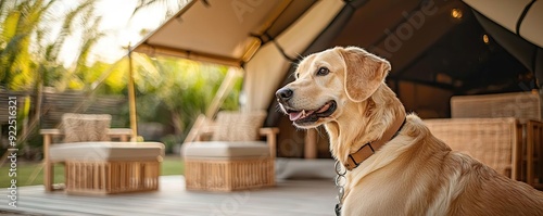 Dog exploring outside a safari-style glamping tent, with stylish outdoor furniture and lush surroundings, glamping with your pet, adventurous and upscale photo