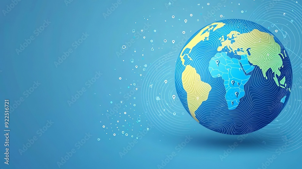 Globe with swirling queries, dynamic searches, flat design illustration Globe with swirling queries, dynamic searches, flat design illustration