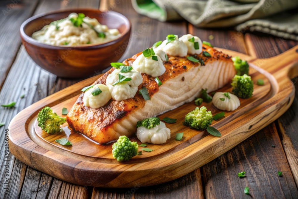 Freshly grilled salmon fillet served atop a vibrant bed of roasted cauliflower, drizzled with a creamy and tangy tahini dressing, on a rustic wooden plate. Freshly grilled salmon fillet served atop a vibrant bed of roasted cauliflower, drizzled with a creamy and tangy tahini dressing, on a rustic wooden plate.