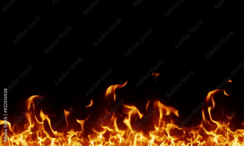 Realistic flaming fire animation with intense orange and yellow flames on a dark background Realistic flaming fire animation with intense orange and yellow flames on a dark background