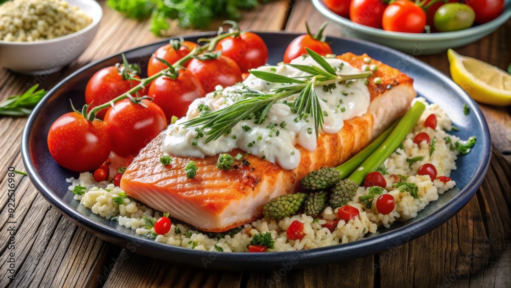 Freshly grilled salmon fillet pairs with roasted asparagus, cherry tomatoes, and quinoa, finished with a zesty lemon dill sauce, crumbled feta, and a drizzle of rich balsamic glaze. Freshly grilled salmon fillet pairs with roasted asparagus, cherry tomatoes, and quinoa, finished with a zesty lemon dill sauce, crumbled feta, and a drizzle of rich balsamic glaze.