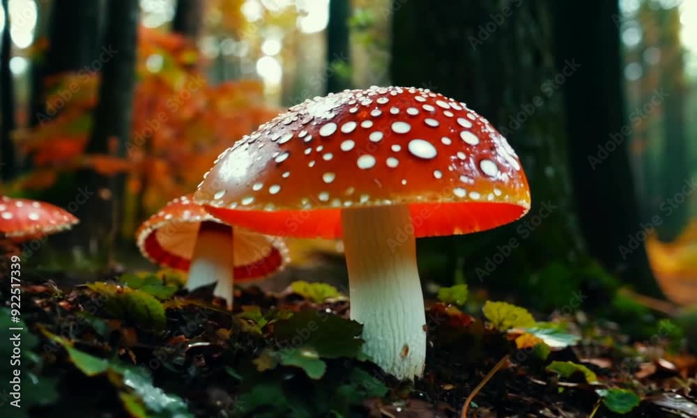 Close-up of Amanita muscaria mushrooms in a lush autumn forest Close-up of Amanita muscaria mushrooms in a lush autumn forest