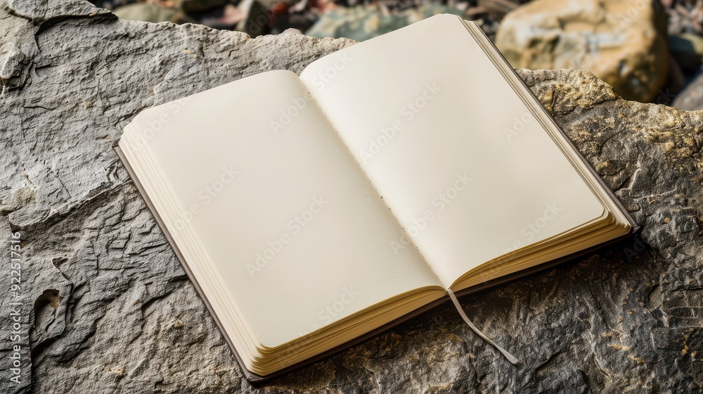 Fototapeta premium An open blank notebook rests on a rugged stone surface, perfect for creativity and inspiration in a natural setting.