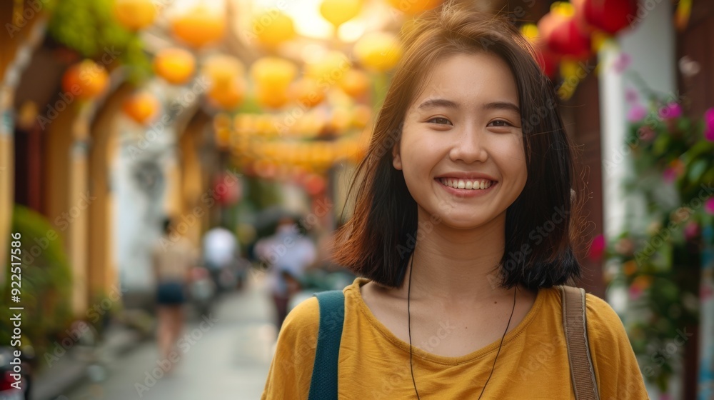 Fototapeta premium Asian tourist with a bright smile in charming old city