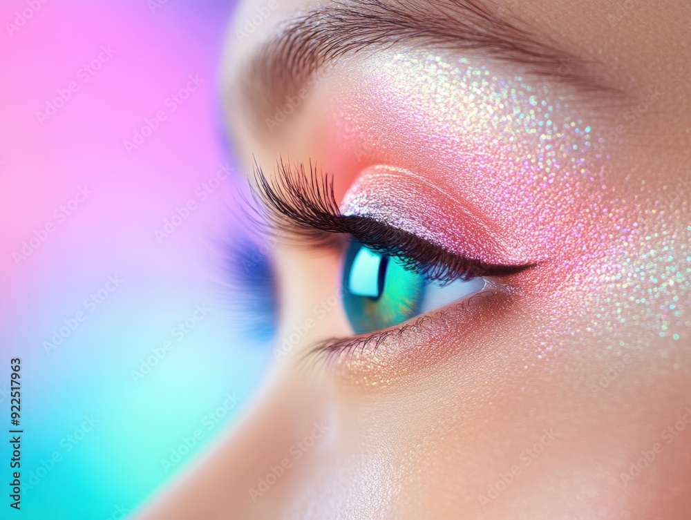 Captivating close-up of a model's eye with colorful makeup in soft neon lighting Captivating close-up of a model's eye with colorful makeup in soft neon lighting