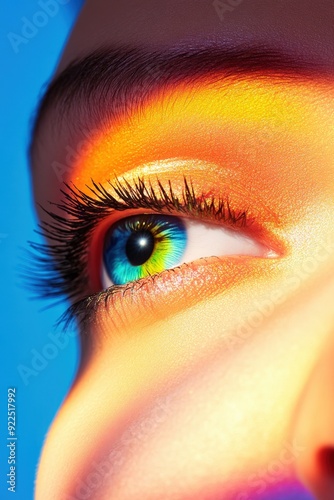 A close-up of a vibrant, multicolored eye reflecting sunlight with brilliant hues at dusk