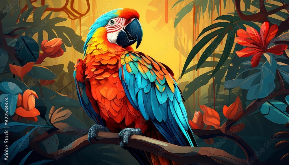 Fototapeta premium A parrot mimicking sounds cleverly flat design top view tropical rainforest cartoon drawing colored pastel