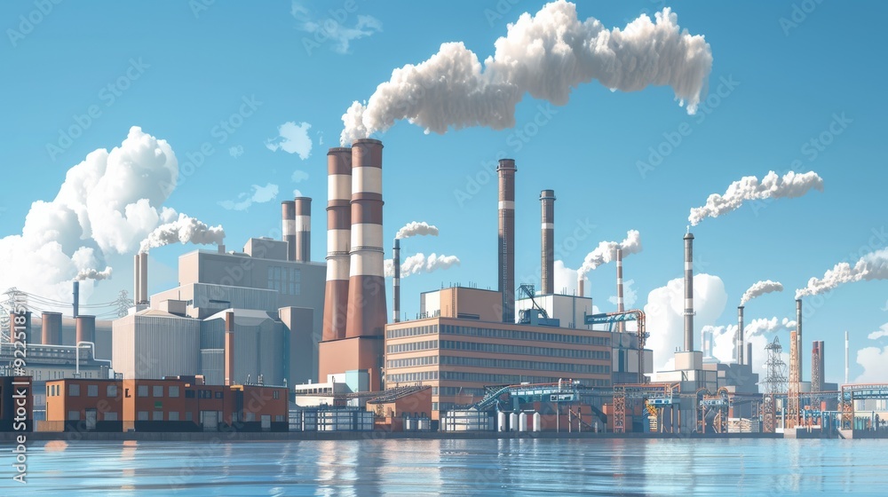 Brown coal power plant with smoke stacks and industrial buildings Brown coal power plant with smoke stacks and industrial buildings
