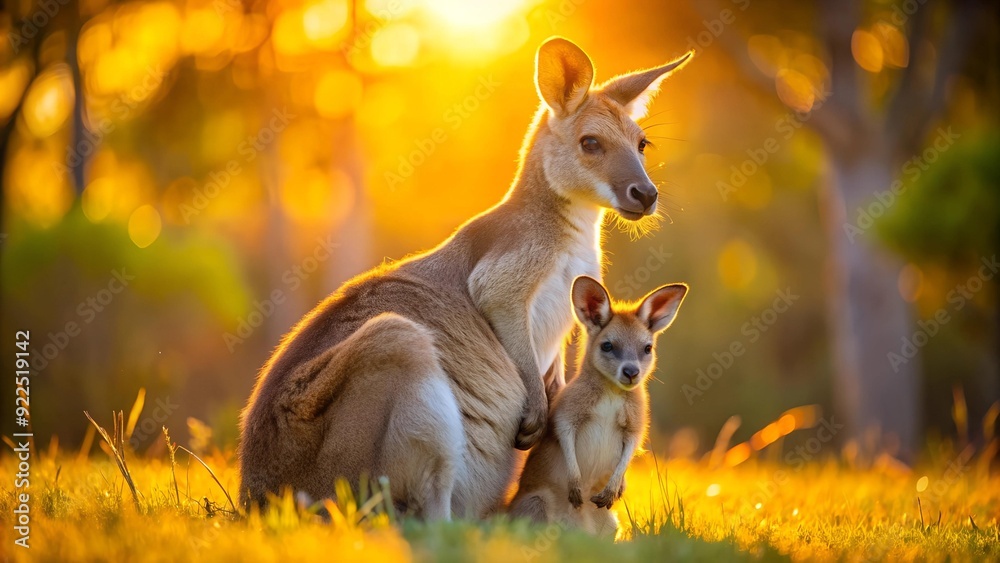 Fototapeta premium A Pocketful of Sunshine: A Baby Kangaroo Basking in Golden Light Generative AI