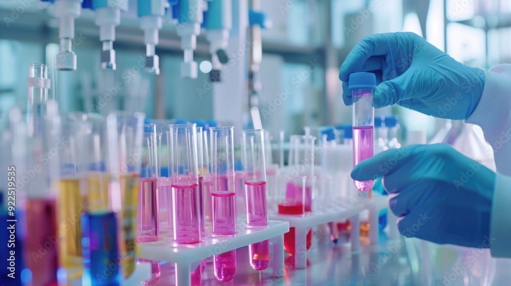 Female doctor taking blood sample tube from shelf with analyzer in lab Technician is holding blood test tubes in the laboratory. Female doctor taking blood sample tube from shelf with analyzer in lab Technician is holding blood test tubes in the laboratory.