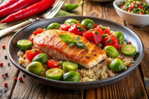 Freshly prepared healthy meal featuring grilled salmon fillet on quinoa bed, surrounded by roasted vegetables like asparagus, Brussels sprouts, and red bell peppers. photo