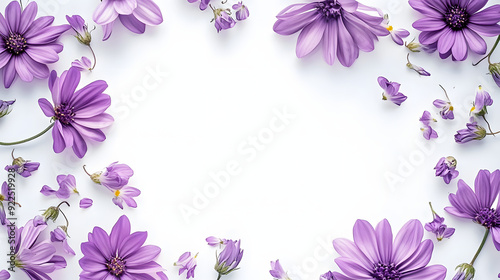 Purple flower frame on white background top view