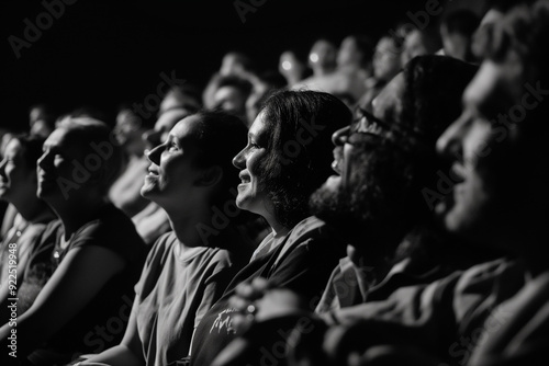 Audience enjoying a blackandwhite theater performance with smiling faces in focus