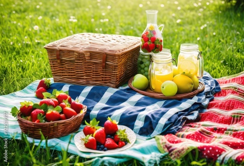 vibrant summer picnic setup sunny grass colorful fresh decorative items under clear blue sky, blankets, fruits, decorations, food, refreshments, drinks