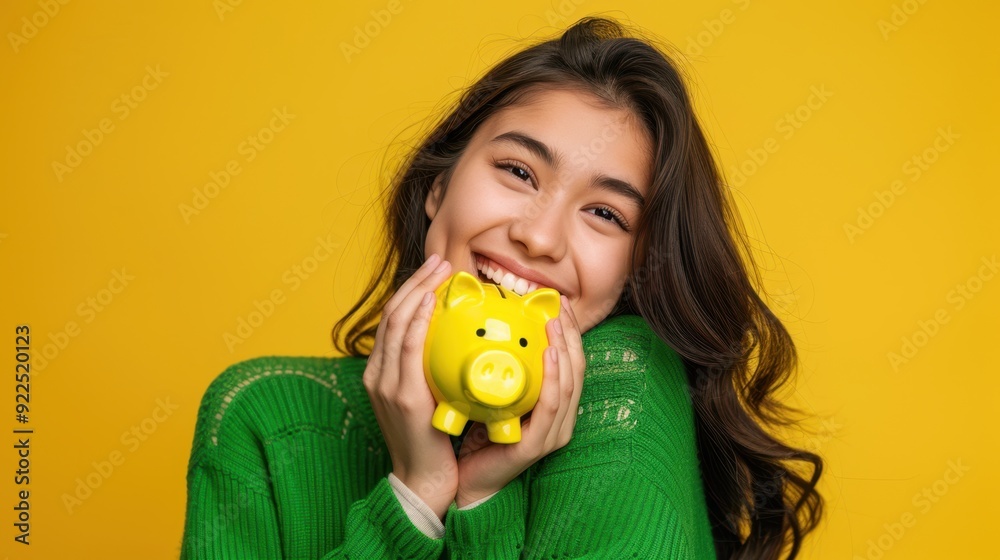 The smiling woman with piggybank The smiling woman with piggybank