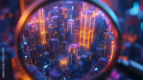 A close-up view through a magnifying glass reveals a futuristic cityscape with glowing neon lights illuminating tall skyscrapers.