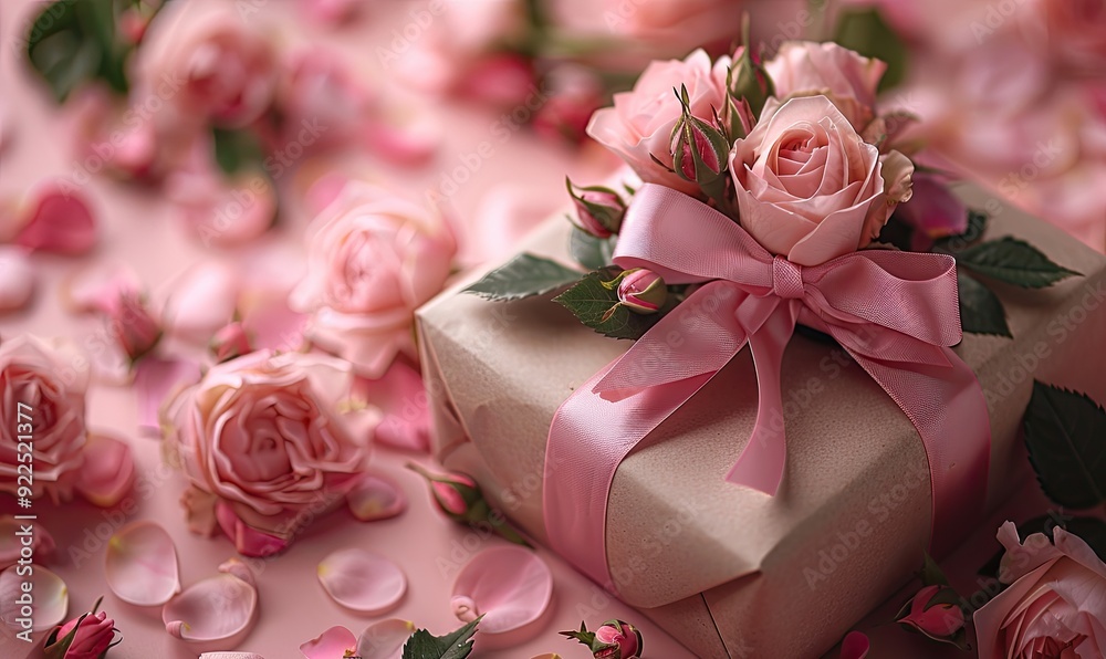 valentine s day gifts with pink ribbon bow rose buds on peach fuzz background love romance concept flat lay top view copy space. valentine s day gifts with pink ribbon bow rose buds on peach fuzz background love romance concept flat lay top view copy space.
