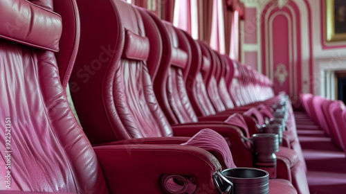 Row of luxurious red velvet theater chairs with armrests and cupholders in an empty interior photo