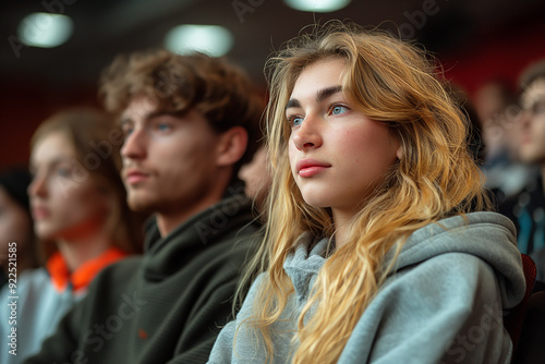 Attentive university students focus on lecture, young female in study, classroom audience