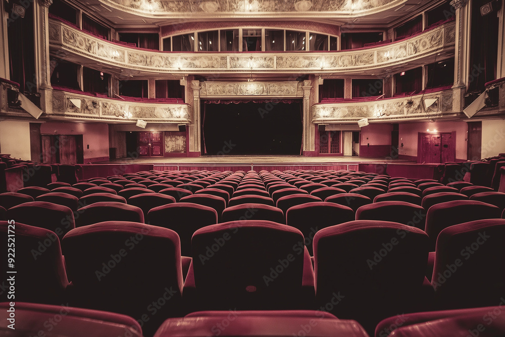 Naklejka premium Classic theater auditorium with red seats, stage, and curtains, perfect for performance and architecture