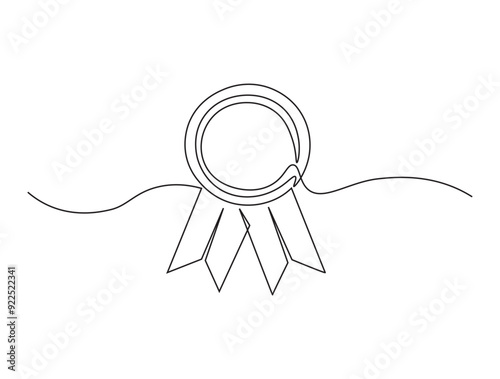 Continuous one line drawing of award badge. Achievement ribbon line art vector illustration. Editable line vector.