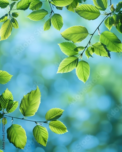 Eco-friendly background with green leaves and blue sky, more clarity with clear light and sharp focus, high detailed