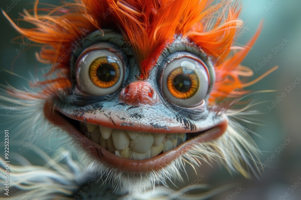 Whimsical Close-Up of a Wide-Eyed, Smiling Creature with Bright Orange Hair and Exaggerated Features Radiating Playful Energy Whimsical Close-Up of a Wide-Eyed, Smiling Creature with Bright Orange Hair and Exaggerated Features Radiating Playful Energy