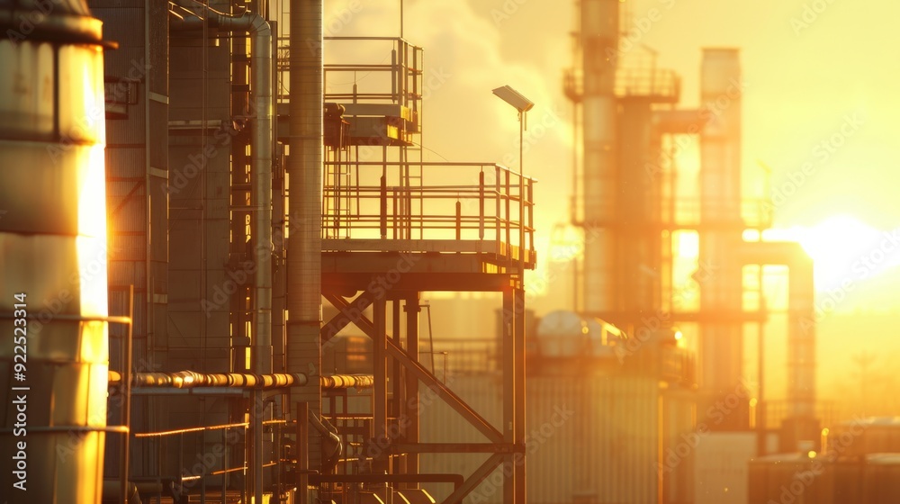 Golden sunset light illuminating industrial factory Golden sunset light illuminating industrial factory